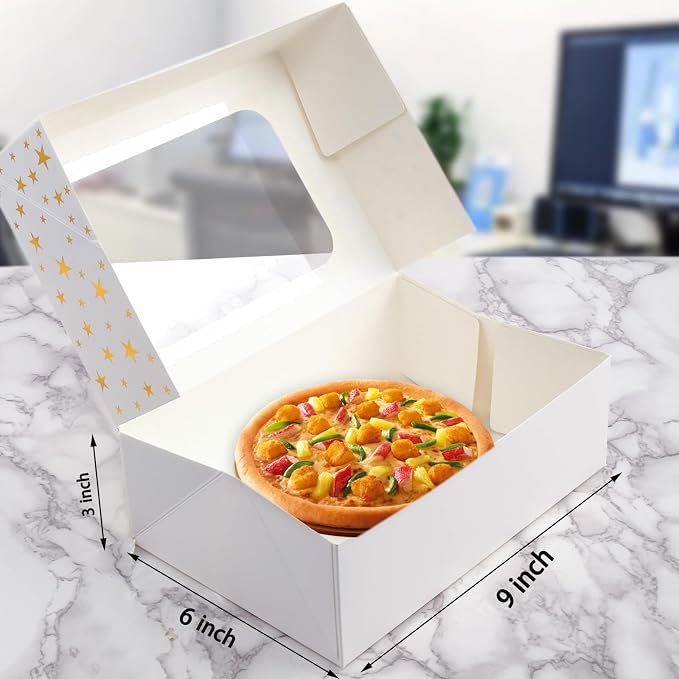 24 PCS Christmas Cookie Boxes for Gift Giving, 9x6x3 Golden Star Christmas Treat Boxes with Window, Auto-Up Holiday Cookie Boxes,Baking Goods Packaging Box for Desserts, Mini Cake, Donuts
