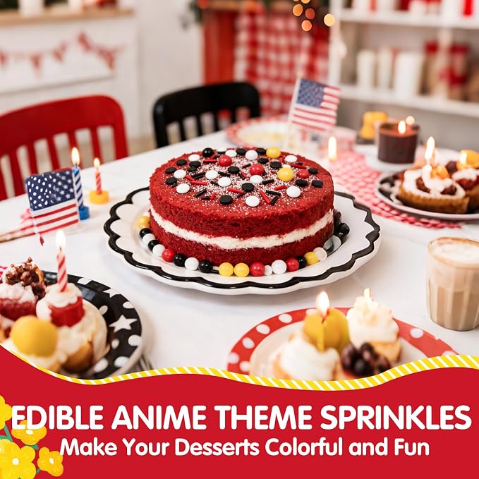 Edible Mouse Sprinkles,Edible Black White Red and Yellow Pearls Jimmies,and Round Confetti Sprinkles for Cake Decorating,130g,Cupcakes Cookie Donuts Ice Cream Toppers,Themed Desserts,Birthday,Children's Party Supplies