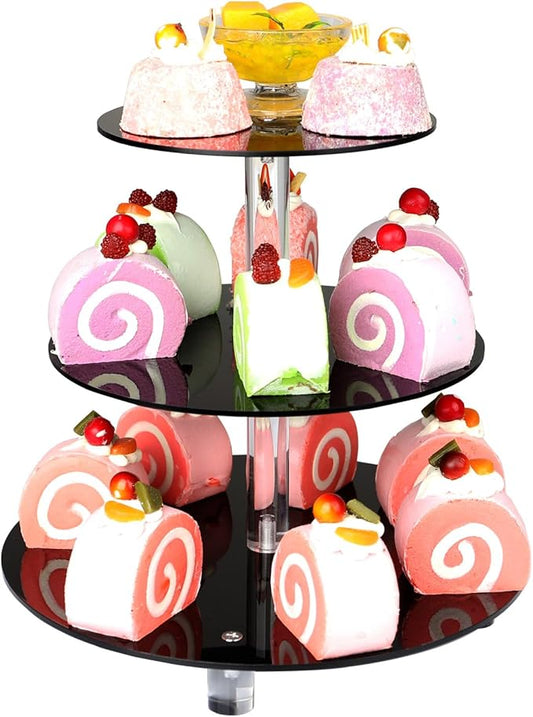 3 Tier Acrylic Cupcake Stand, , Clear Dessert Tower Holder Display with Base for Baby Shower, Birthday Party,Wedding,Christmas,Reception (Black)