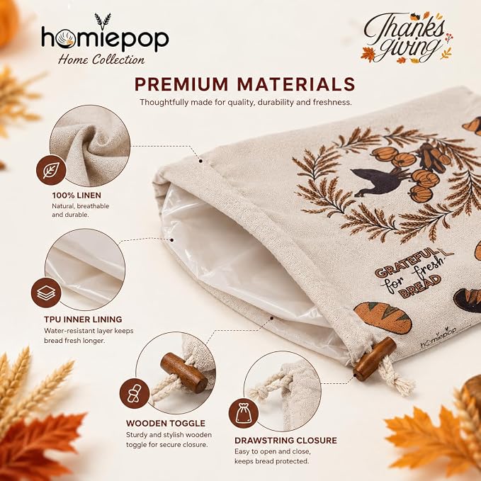 Bread Bags for Homemade Bread, 3 Pack Linen Bread Bags with TPU Lining, Reusable Sourdough Bread Storage Bags, Drawstring Closure, 17 x 13 Inch, Thanksgiving Fall Design, Gift Ready Box
