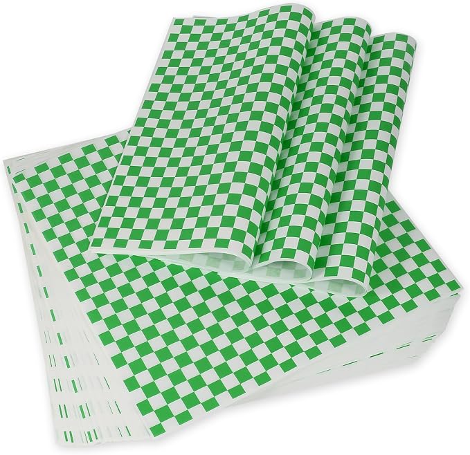 100pcs Deli Paper Sheets 12x12", Premium Food Basket Liners, Grease Resistant Wax Paper Sheets for Food, Classic Checkered Sandwich Wrapping Paper (Green & White)
