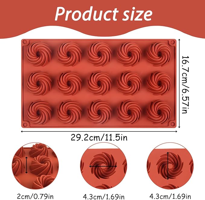 Silicone Swirl Donut Mold, 15-Cavity Mini Spiral Cake Pan, 11.5 x 6.6 inches, 2-Pack, Terra Cotta