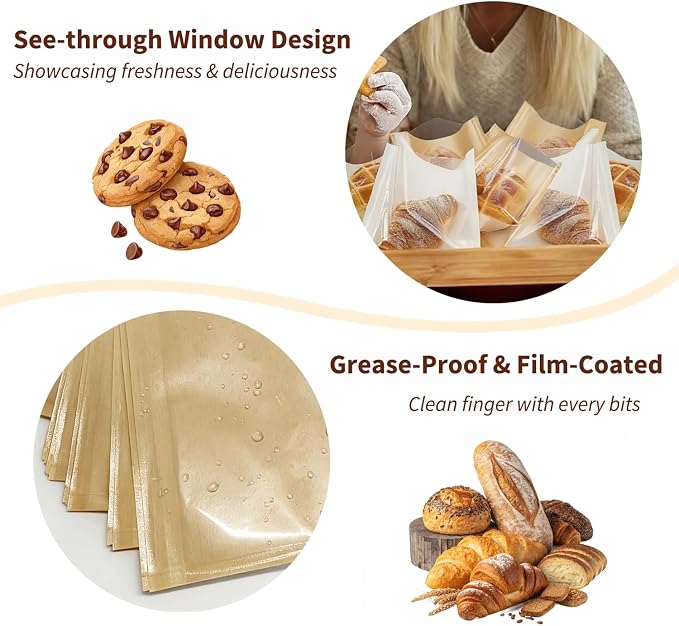 Cookie Bags with Window for Bakery, 100 Pack 7.1x7.5" Heat Seal Cookie Packaging Sleeves with Seal Sticker, Paper Treat Bag for Individual Bake Sale, Home Baked Brownie, Sandwich, Bread