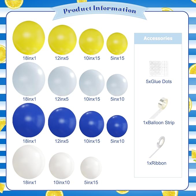 Blue and Yellow Balloon Arch Kit, 124Pcs Lemon Balloon Arch Kit with Royal Blue Light Blue Yellow White Balloons for Mediterranean Themed Birthday Wedding Bridal Shower Anniversary Party Decorations