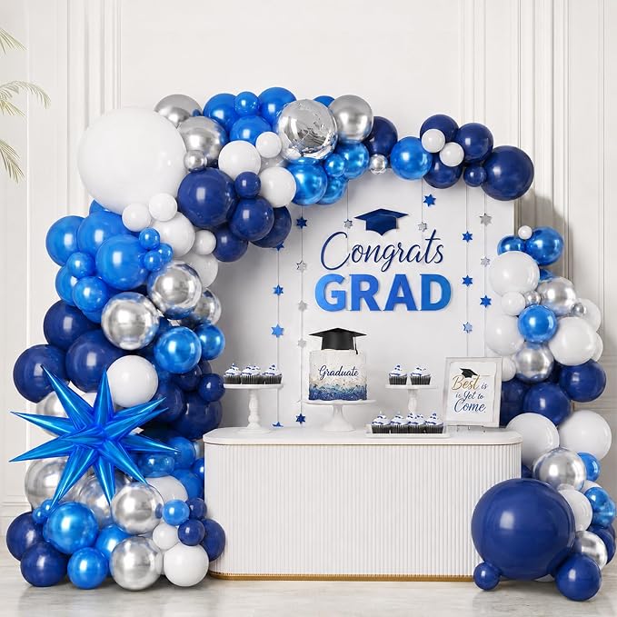 Graduation Balloon Arch Kit 2026 Blue and White Balloon Garland Royal Blue White Silver Balloons with Star Foil for Congrats Grad Class Retirement Prom Birthday Baby Shower Wedding Party Decorations