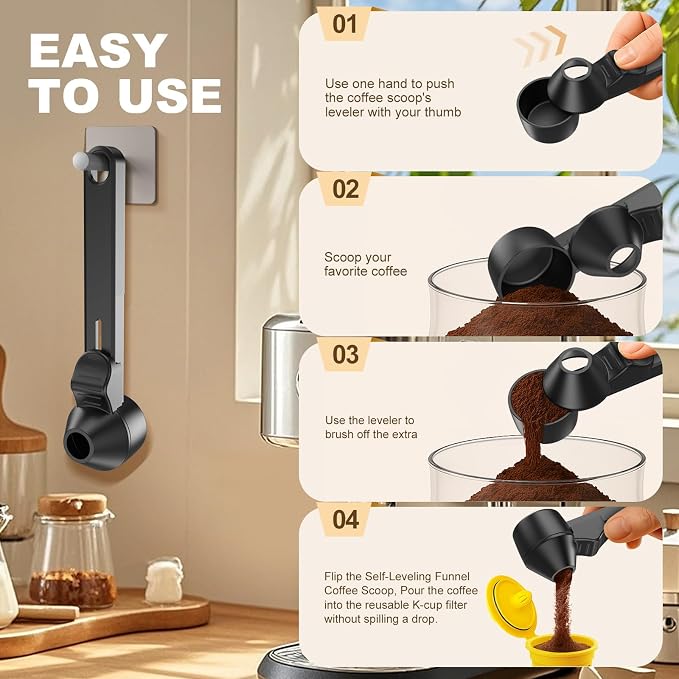 Coffee Scoop & Funnel for Reusable K Cup Refillable Coffee Pods,Mess-Free Measuring Spoon 2 TBSP Capacity for Ground Coffee, Protein Powder & Tea, Funnel Design without Spilling(2, Black)