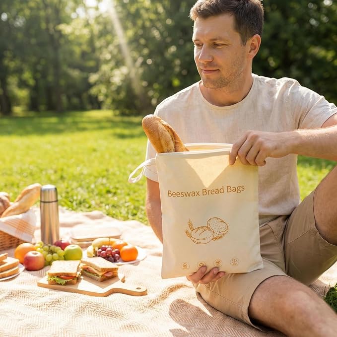lorine zipper beeswax-lined bread bag, natural beeswax bread bag with a linen blend, suitable for homemade bread and sourdough, safe and reusable