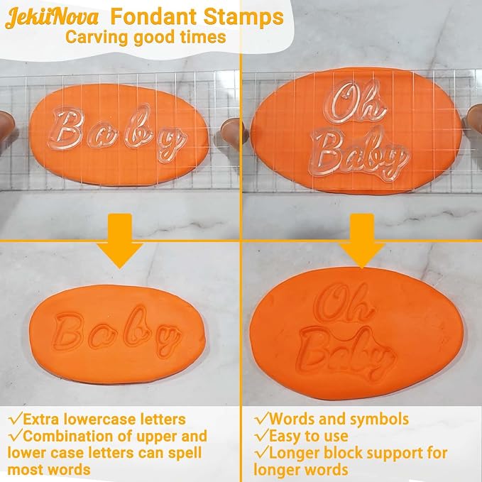 4PCS Alphabet Cake Stamps Tool for Fondant Cookie Biscuit, Pretty Handwriting Food Grade Fondant Letter Stamp Uppercase Lowercase Numbers Words Reusable Cookie Stamp for Christmas Party