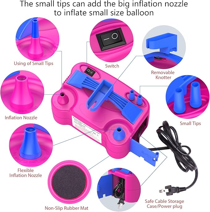 IDAODAN Electric Balloon Pump, Portable Electric Balloon Blower Machine Balloon Air Pump Dual Nozzle Rose Red 110V 600W Balloon Inflator for Party Decorations