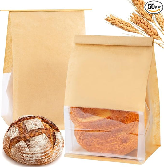 50 Pcs Bread Bags for Homemade Bread Sourdough, 10.2 * 6.3 * 5.1 Inches Bakery Bags with Window Reusable Tin Tie Baked Goods Packaging