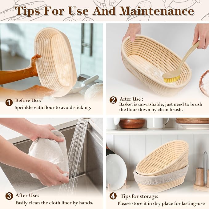P&P CHEF Sourdough Bread Proofing Basket Set of 6, 10 Inch Oval Dough Proofing Bowls, Sourdough Bread Baking Supplies for Bakers, Handmade Rattan Baskets with Cloth Liner