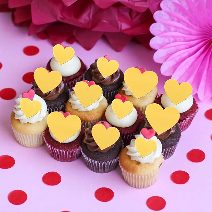 60 PCS Edible Heart Cupcake Toppers Wafer Paper Sweet Love Heart Cake Decorations Edible Wedding Engagement Cupcake Picks for Valentine's Day Wedding Bridal Shower Birthday Party Decor Supplies Gold