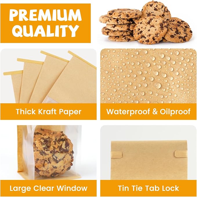 50 Pack Cookie Packaging Bags, 3.9x3.1x8.2 Inches Small Bakery Bags with Window Tin Tie Tab Lock Resealable Paper Treat Bag for Baked Goods Gift Giving and Bake Sale | Thick Material
