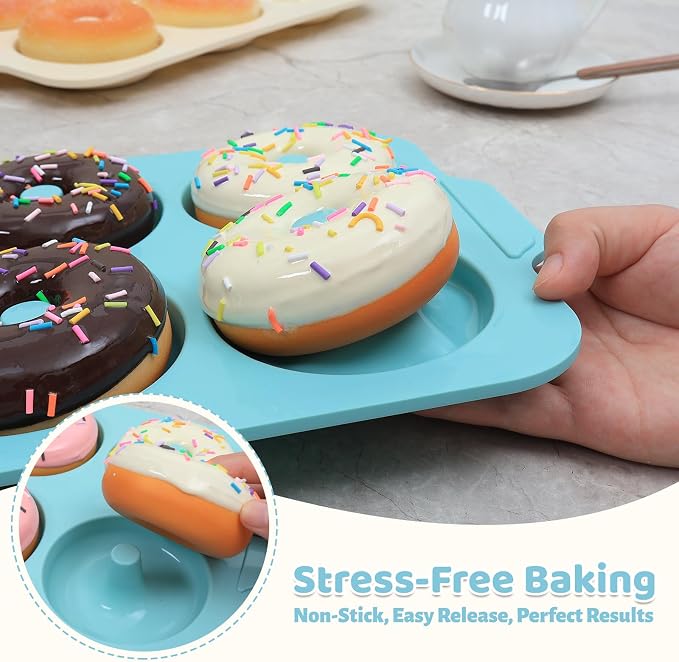 3.5 Inch Nonstick Silicone Donut Pan for Baking with Metal Frame, 1 Pack Donut Molds for Baking, 6 Cavity Doughnut Pan for Oven and Bagel Trays Non Toxic with Handle (Mint Green)