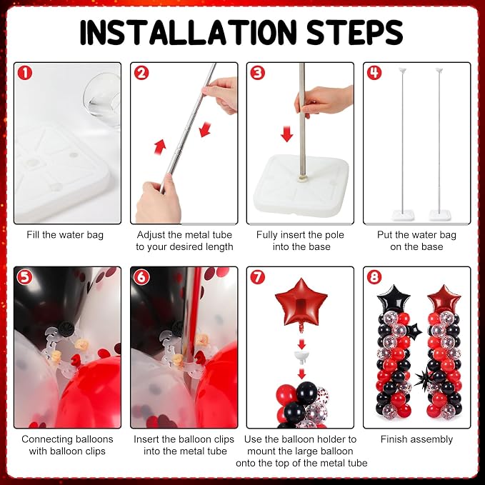 Skylety 2 Sets Balloon Column Stand Kit Adjustable Balloon Tower Stand with Bases for Birthday Wedding Anniversary Graduation Party Baby Shower Decorations Supplies(Red and Black,Red Black)