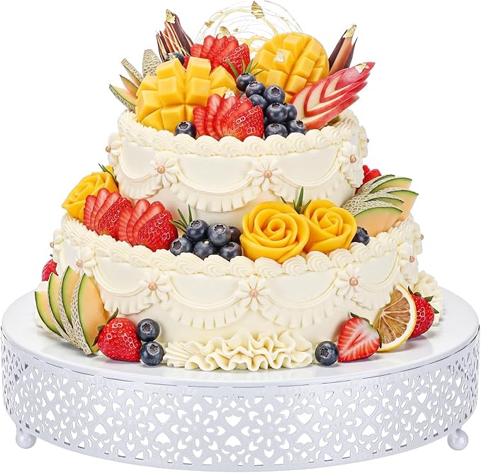 Wenqik White Cake Stand 12 Inch Round Metal Cupcake Dessert Wedding Cake Stand Cookies Display Holder Modern Design Fruit Serving Tray for Table Wedding Birthday Anniversary Party