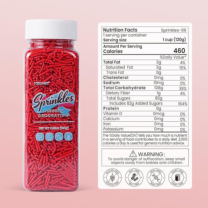 Edible Red Jimmies Sprinkles, Red Sprinkles, 4.23oz Jimmies for Baking, Baby Showers, Weddings, Valentine's, Graduation, Fourth of July, Memorial Day(120g)