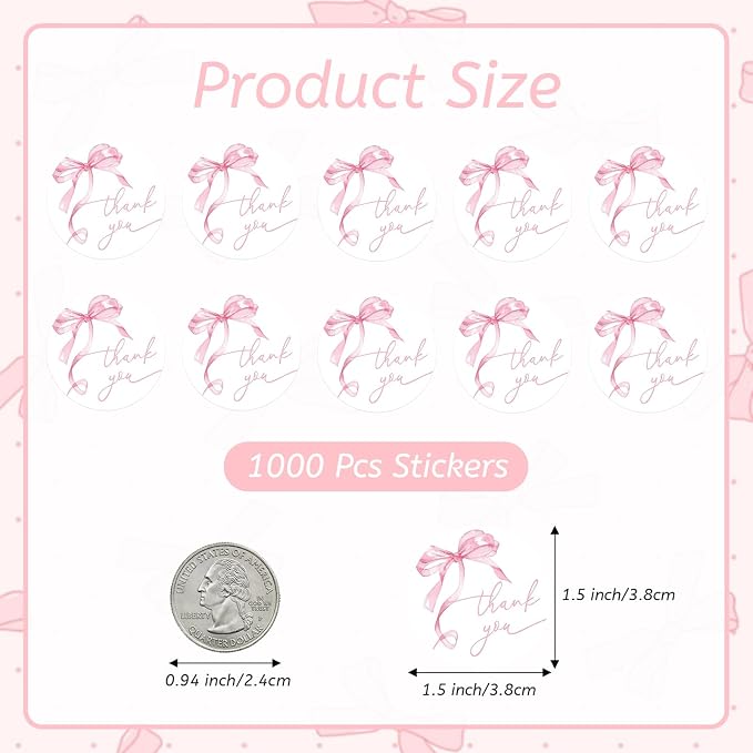 1000pcs Pink Thank You Stickers, 1.5 Inch Bow Thank You Stickers, Self-Adhesive Thank You Sticker for Small Business Packaging Envelopes Wedding Gift Wraps (Pink-2pcs)