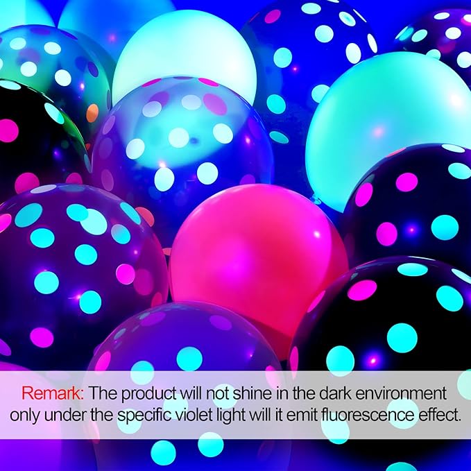 Skylety 32 Pcs Glow in The Dark Party Supplies Neon Party Favors with 25 Fluorescent Balloon 6 Rolls 98.4 ft UV Blacklight Luminous Tape 14.4 ft Neon Streamer Garland for Adults(Classic Big Dot)
