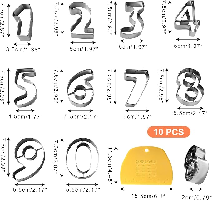Number Cookie Cutter Set - 10Pcs Mini Cookie Cutters Variety Pack with Dough Scraper, Stainless Steel Numbers 0-1-2-3-4-5-6-7-8-9 Cookie Mold for Biscuits, Fondant
