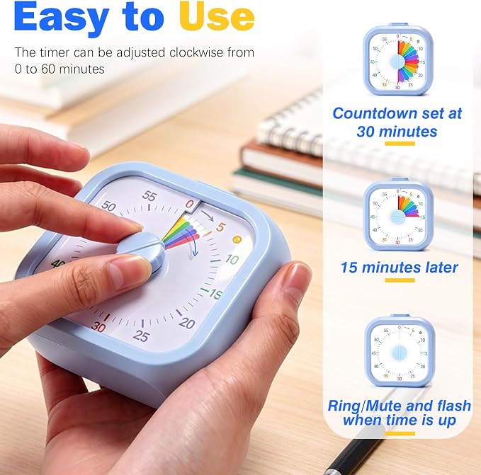 Mwellewm Visual Timer for Kids, 60 Minute Time Digital Pomodoro Timer Countdown with Silent Pause Function for Classroom Kitchen Study Cooking Meetings ADHD Rainbow Pattern(Blue)