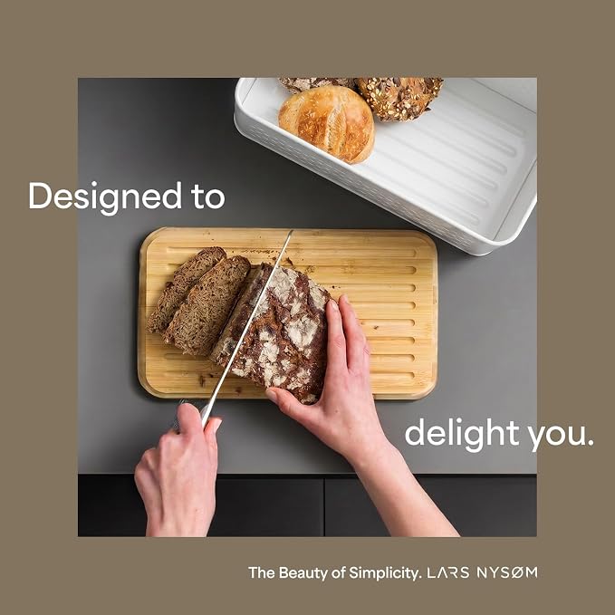 LARS NYSØM Bread Box I Metal bread box for long lasting freshness with non-slip pads I Baked goods Bin with bamboo lid usable as cutting board I 13.6x7.3x6.2in (Cream Beige)
