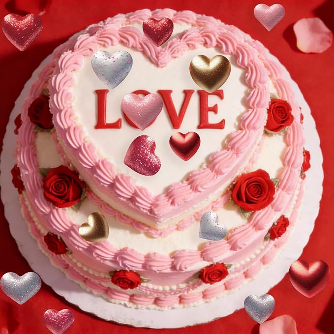 56PCS Edible Heart Cupcake Toppers Wafer Paper Red Pink Heart Cupcake Picks Sweet Love Cake Decor for Valentine's Day Theme Party Birthday Decoration Supplies