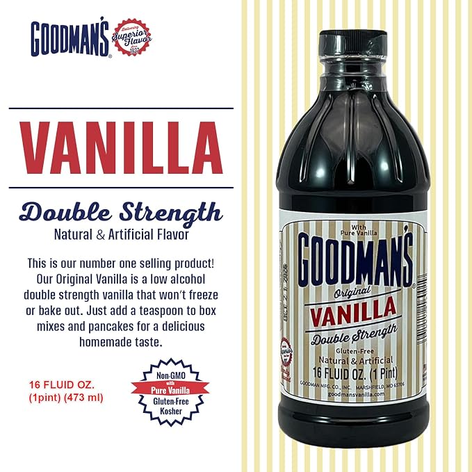 Goodman's Original Vanilla Double Strength - Gluten-Free, Non-GMO, Kosher, Low Carb & Low Calorie, a Blend of Artificial flavors with Pure Vanilla - No Animal Products, No Sugar (16oz Bottle)
