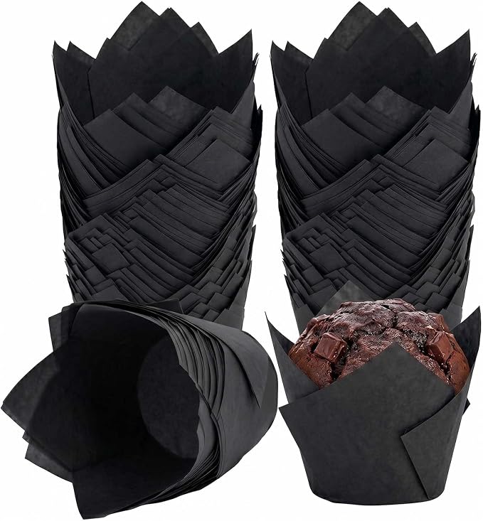 200 Pcs Black Tulip Cupcake Liners for Baking, Standard Size | Standard Greaseproof Tulip Muffin Liners for Baking, 3oz Black Paper Cupcake Wrappers for Party Wedding Birthday