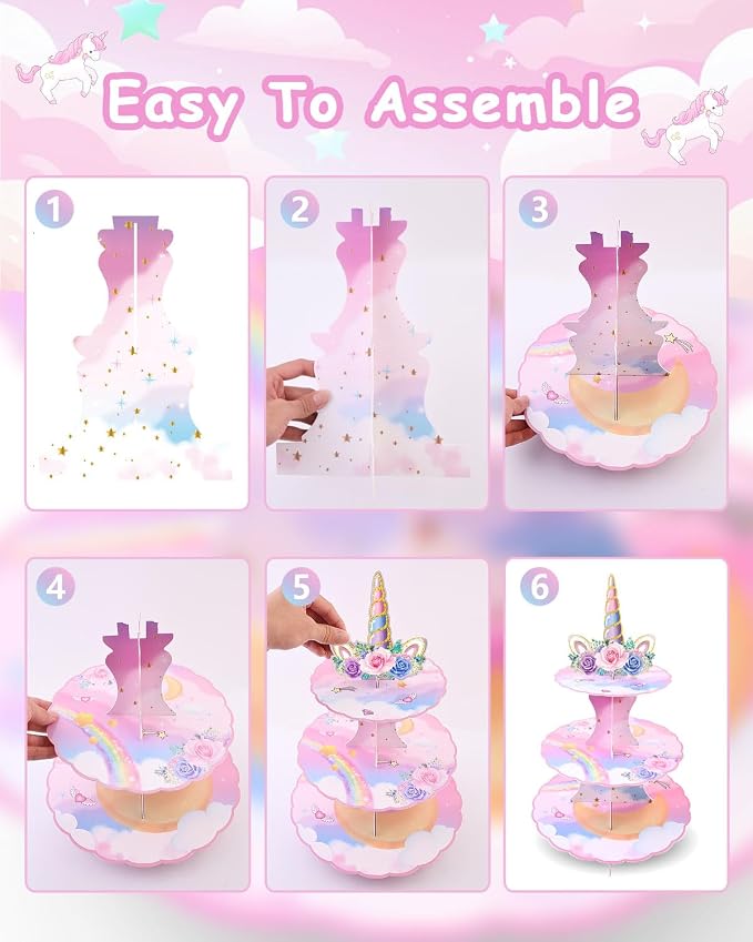 2 Pack Unicorn Cupcake Stands Birthday Decorations: 3-Tier Unicorn and Rainbow Theme Party Supplies Cake Stand Toppers for Girls Kids - Suitable for 48pcs Cupcakes Pink Table Decorations