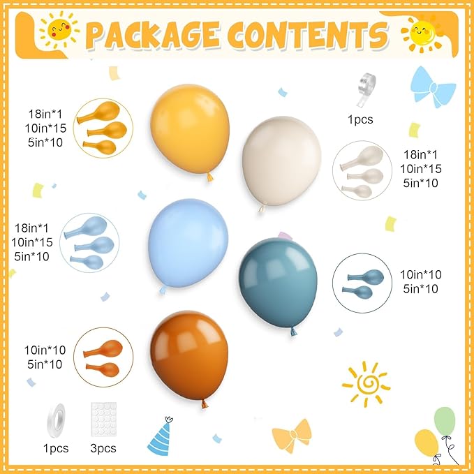 Here Comes the Son Balloon Arch Kit, Retro Blue Yellow Boho Balloon Garland with Mustard Yellow Pastel Blue Sand White Coffee Balloon for Fall Colorful Baby Shower First Birthday Party Decoration