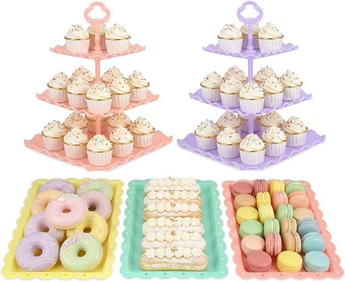 NWK 5 Piece Cake Stand Set with 2 x Large 3-Tier Cupcake Stands, 3 x Appetizer Trays, for Wedding Birthday Baby Shower Tea Party Decorations (Colorful)