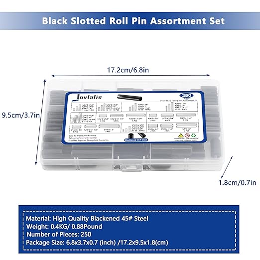250 Pcs Roll pin Assortment, SAE Roll Pin Set, Slotted Spring Pins, Steel Split Expansion Pin, Black Roll Pins, 1/16 5/64 3/32 1/8 5/32 3/16 7/32 1/4 5/16 3/8 Inch Spring Dowel