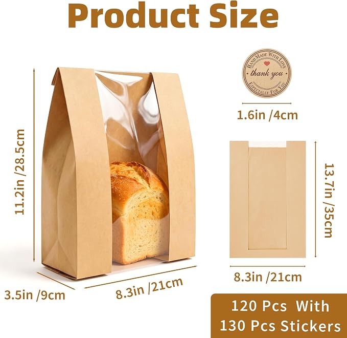 Homrelaxy 120pcs Paper Bread Bags for Homemade Bread, Sourdough Bag with Window, 13.7 x 8.3 x 3.5 Inch Large Brown Kraft Bakery Bags for Storing Loaves & Snacks, Includes 130 Sealing Stickers