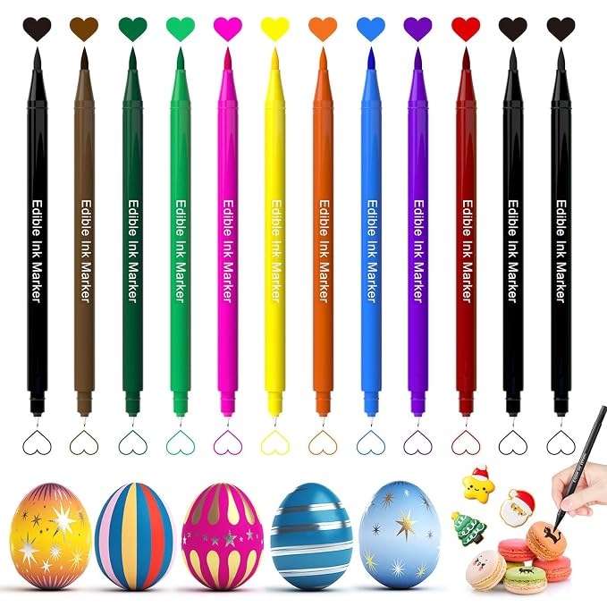 Edible Markers for Cookies Decorating – Jewem Food Coloring Pens, 12 Pack Dual Tip Edible Markers with 0.5mm Ultra Fine Tip, Cookie Supplies & Decorating Kit for Cakes and Treats, 10 Colors, Food Safe Markers