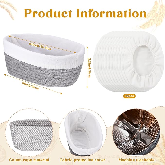 4 Pcs 10 Inch Bread Proofing Basket Set Cotton Rope Oval Banneton Basket Sourdough Bread with Liners Covers for Baking Supplies (Neutral Tones)