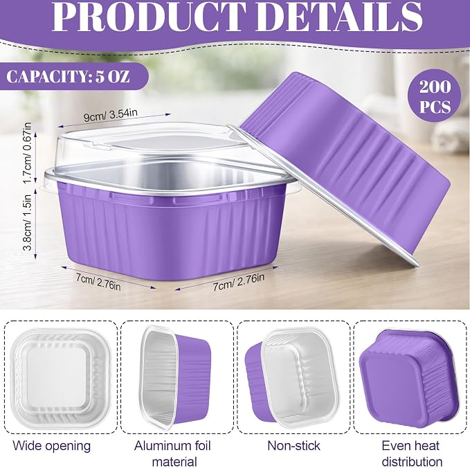 200 Pack 5 oz Purple Mini Cake Pans with Lid, Aluminum Foil Mini Baking Tins, Square Disposable Cupcake Baking Cup Dessert Container for Purple Wedding Birthday Party Favors Supplies