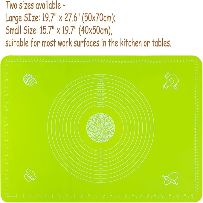 Silicone Baking Mat with Measurements, Non-Slip Non Stick Pastry Mat Sheetfor for Dough,Pastry, Bread, Cookies, Pizza, Fondant, Pasta (Green, 19.7"L x 15.7"W)
