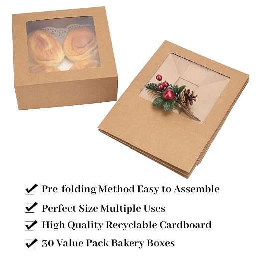 NPLUX 8x8x3 inch Kraft Cookie Boxes Candy Boxes with Window for Chocolate Covered Strawberry Donut Breakable Heart Baked Goods, Graduation Gifts Party Favors(30 Pack,Brown)