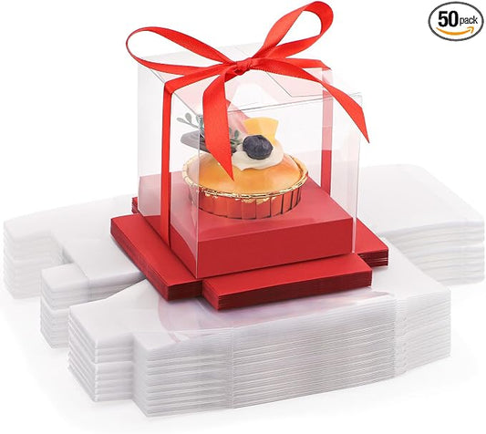 EUSOAR Cupcake Boxes Individual, 50 Pcs 3.5 Inch Clear Muffins Cupcake Containers with Inserts and Gift Ribbon, Dessert Pastry Holder Disposable Cookies Wrappers for Wedding Party Favor Bakery
