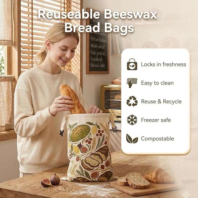 Bread Bags for Homemade Bread – 2 Packs XL Beeswax Bread Bags, 2026 Reusable Bread Bag with Sealing Zipper, Organic Cotton Natural Beeswax, Keeps Fresh, Homesteading Essentials, 13x17 Inches