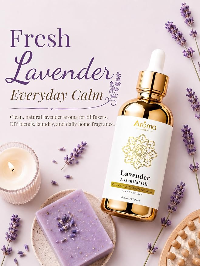 Lavender Essential Oil 4 Fl Oz | Smells like fresh lavender blooms with soft woody notes and a subtle herbal bitterness