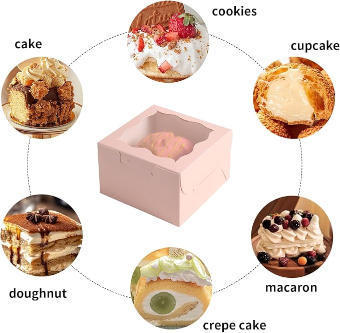 60pcs Pink Small Cake Box,4x4x2.5 Inch Bakery Boxes with Window,gift boxes bulk for Mini Cake Pastry Dessert Strawberries Chocolates Cupcakes with Stickers