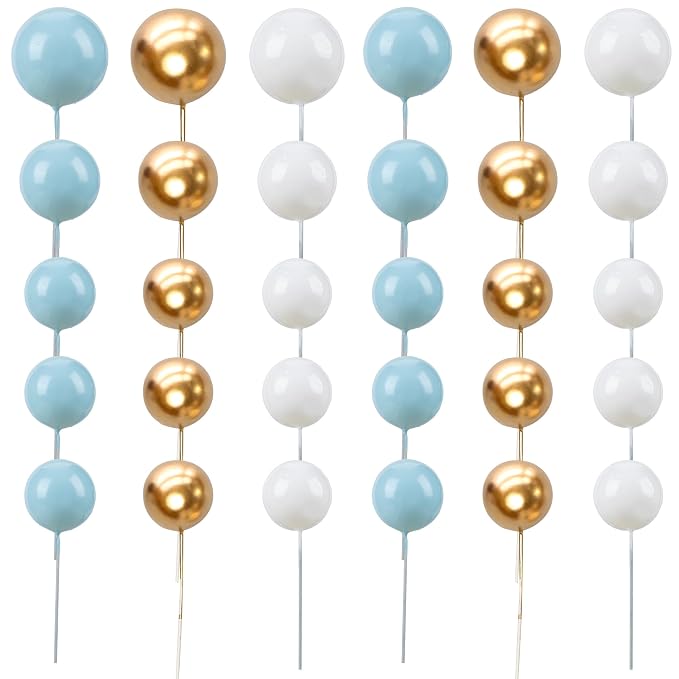 Gyufise 30Pcs Ball Cake Topper Ball Cake Picks Colorful Pearl Ball Shaped Cupcake Insert Cake Topper for Bear Theme Birthday Party Favors Wedding Decoration Supplies Blue White Gold