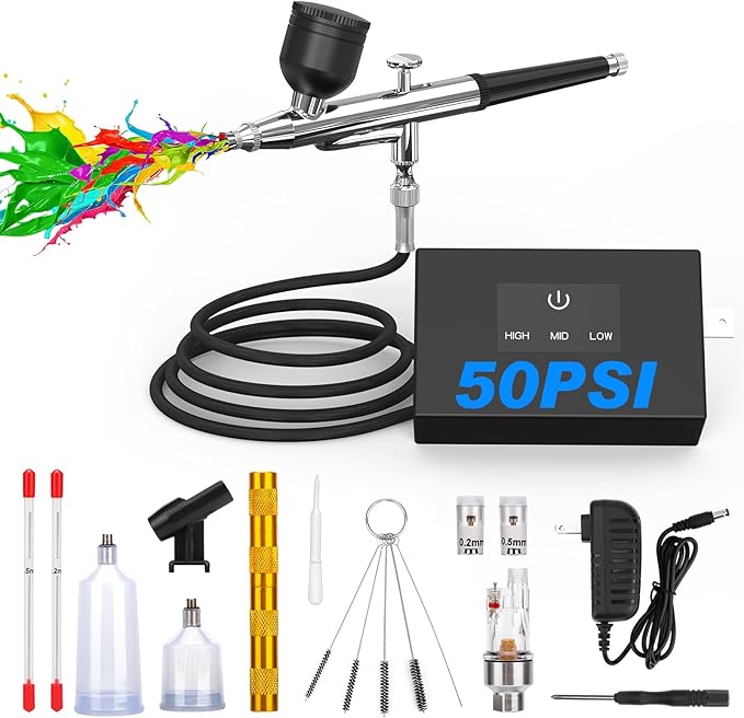 Airbrush Kit with Air Compressor, 50 PSI Clog-Resistant Air Brush Set, Dual Action Airbrush Gun with 3 Nozzles, Cleaning Kit for Painting, Models, Nails, Makeup, Cake Decorating