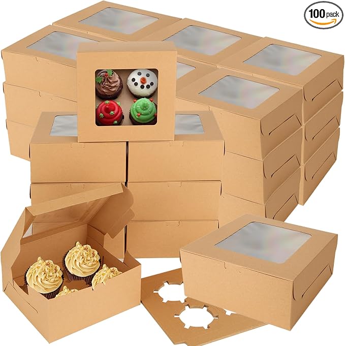 100 PCS Cupcake Boxes 4 Count Cupcake Containers Brown Kraft Paper Cupcake Boxes Treat Boxes with Insert 4 Cavity for Muffins Cookies Cupcakes Macarons Donuts（6x6x3 Inch）