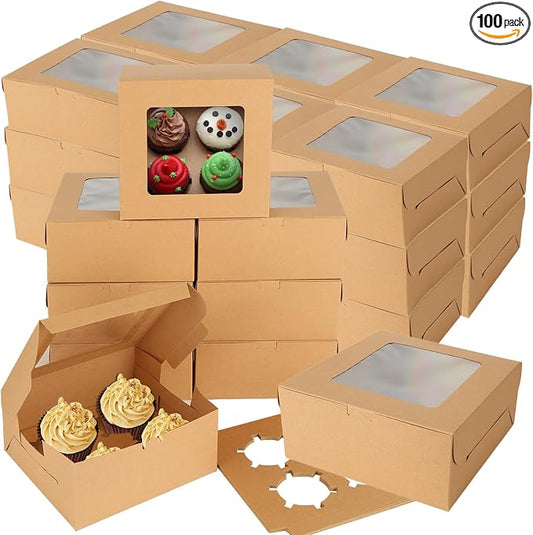 100 PCS Cupcake Boxes 4 Count Cupcake Containers Brown Kraft Paper Cupcake Boxes Treat Boxes with Insert 4 Cavity for Muffins Cookies Cupcakes Macarons Donuts（6x6x3 Inch）