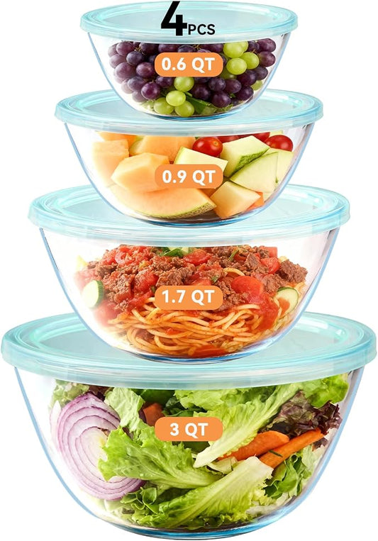 YUANYE 4 Pack Glass Mixing Bowls with Lids Set (3QT/1.7/0.9/0.6QT),Thick Glass Large Salad Bowl Set, Nesting Kitchen Bowls for Serving, Prepping, Cooking and Baking, Dishwasher, Oven,Microwave Safe