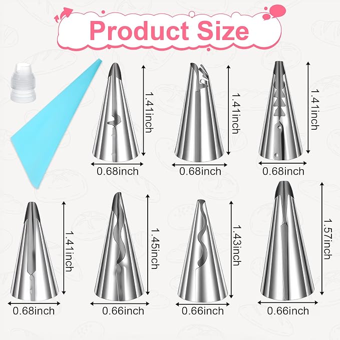 7 PCS Pleated Skirt Piping Tips Set, Wilton Ruffle Piping Tips, Stainless Steel Russian Nozzles Tip Pipings Set for Pastry Fondant, Cake Decorating Supplies Baking Sets Tools