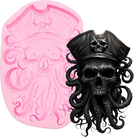 Skull Pirate Silicone Mold, Halloween Cupcake Topper Fondant Mold Skeleton Head Chocolate Molds Octopus Skull Pirate Molds for Cake Decoration Candy Polymer Clay Crafts Epoxy Resin